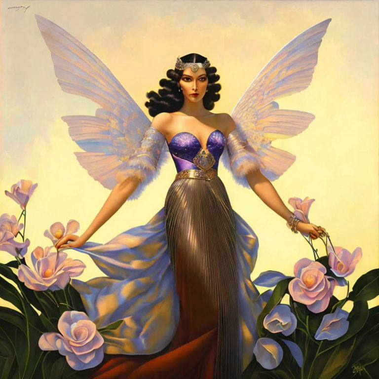 Majestic female figure with wings, crown, purple and gold gown, amidst pink flowers