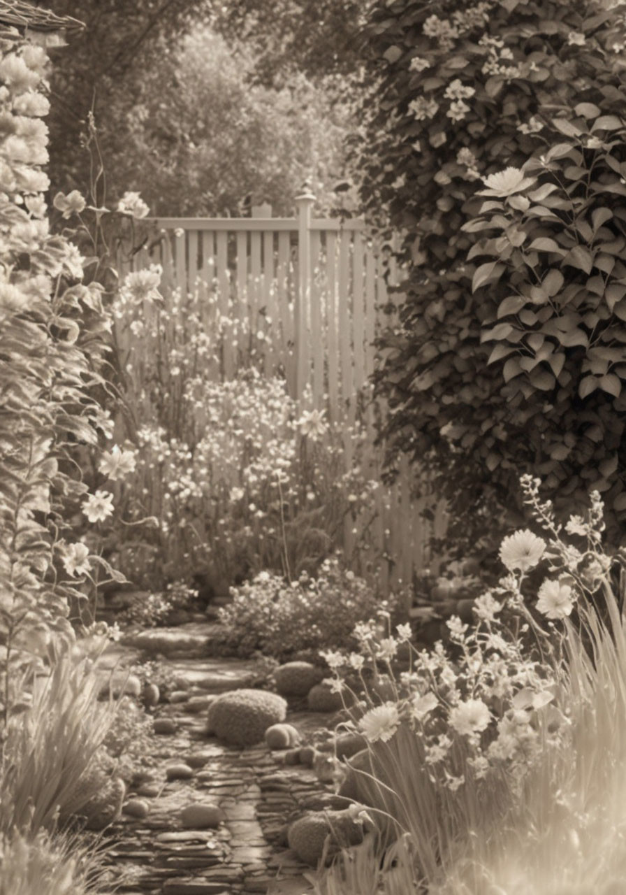 Vintage garden pathway with flowers and plants leading to wooden gate