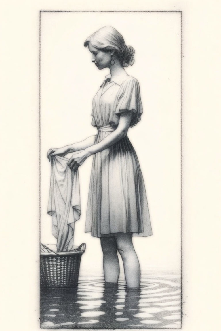 Vintage-style illustration of woman in shallow water holding clothing, with laundry basket.