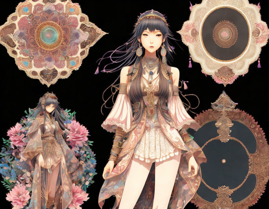 Illustrated female figure in ornate fantasy attire with long black hair among floral backdrop.