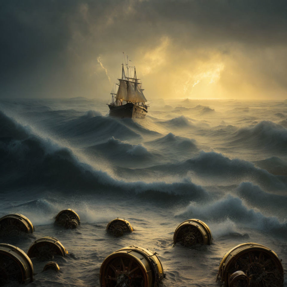 Sailing ship navigating stormy seas at sunset with treasure chests and dramatic sky