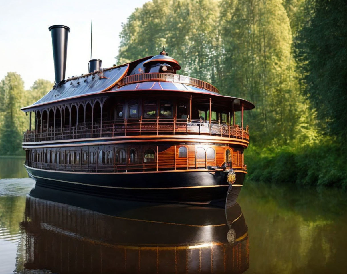 Vintage paddle steamer with black hull and wooden superstructure on tranquil river surrounded by lush greenery