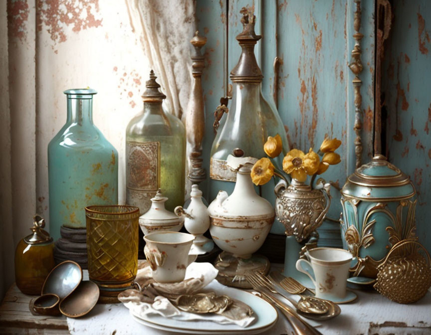 Assorted Vintage Tableware and Glass Bottles on Weathered Blue Wooden Backdrop