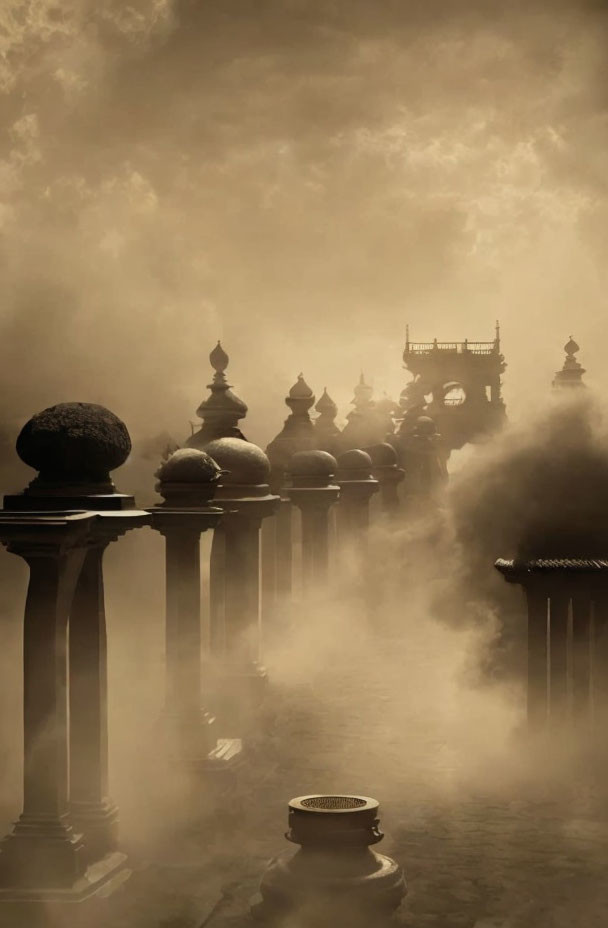 Traditional architectural structures with swirling mist in sepia tones