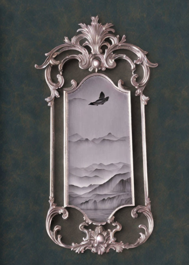 Silver Leaf Design Frame Surrounds Grayscale Mountain and Bird Pattern