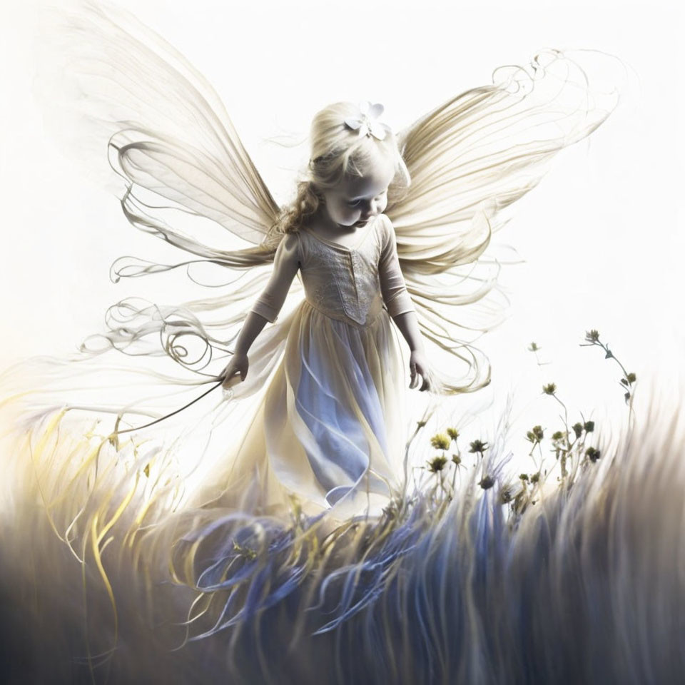 Young girl with fairy wings in flowing dress walking in dreamy meadow