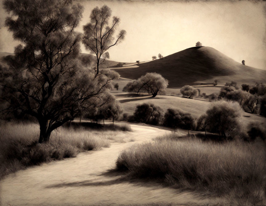 Serene sepia-toned landscape with winding path and gentle hill dotted with trees