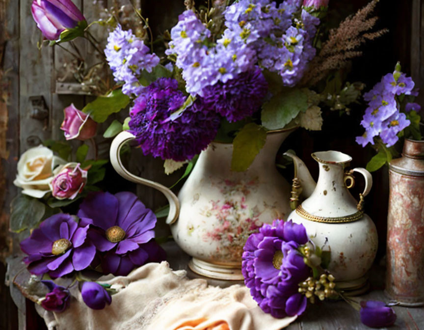 Rustic still life with purple flowers in vintage jug on aged wooden backdrop