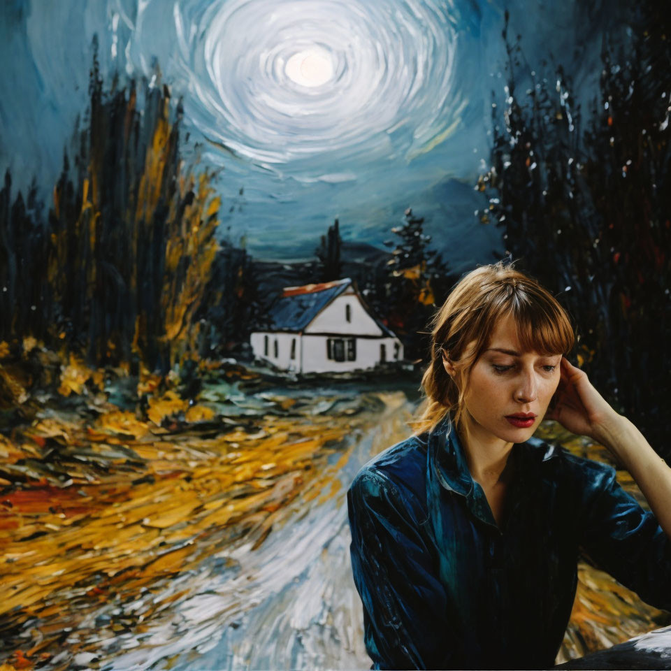 Woman in foreground with dramatic night sky and autumn landscape.