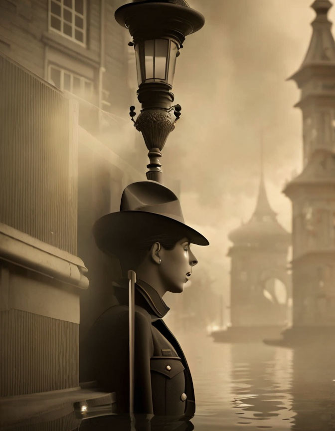 Sepia-toned artistic rendering of a person merged with a street lamp in vintage attire against a fog