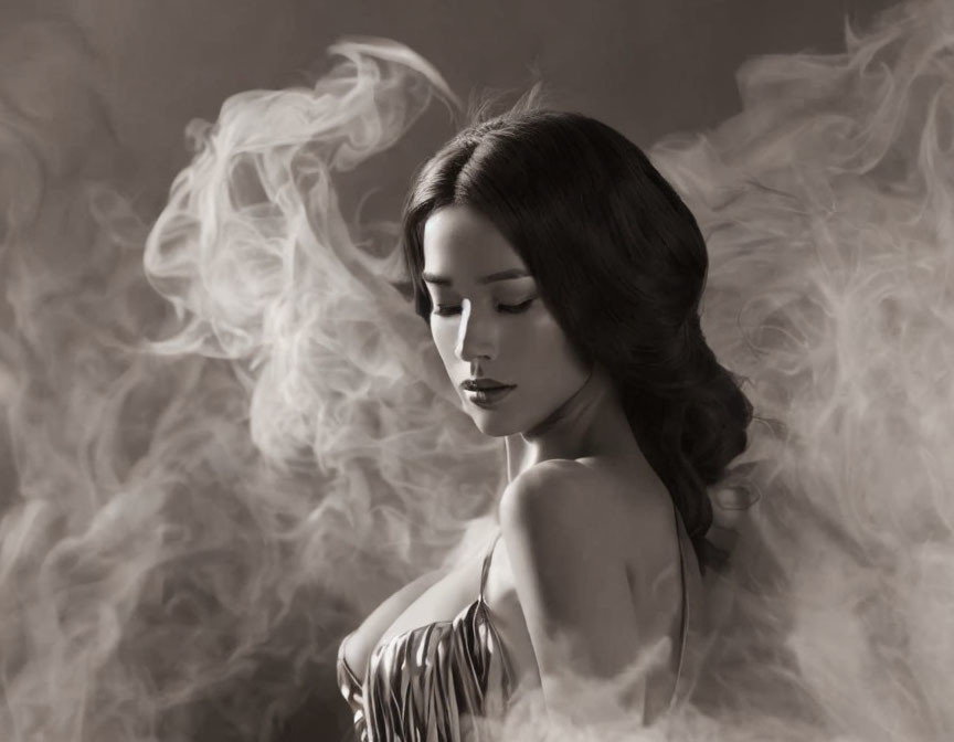 Monochromatic portrait of woman in swirling smoke