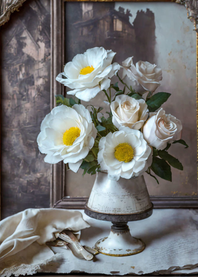 Vintage bouquet of white roses and peonies in ornate vase with blurred painting