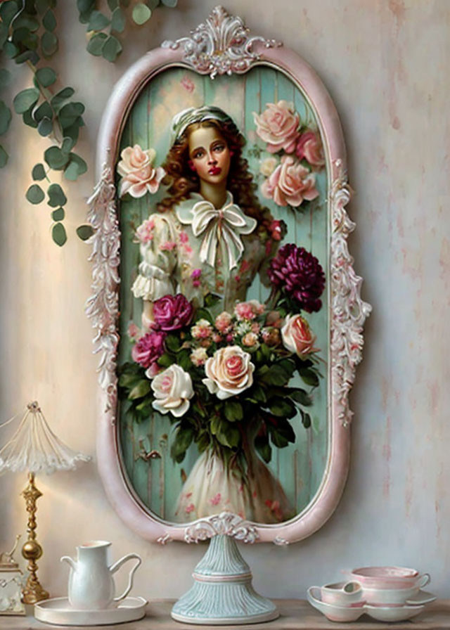 Vintage-style painting of woman with roses and teapot in pastel backdrop