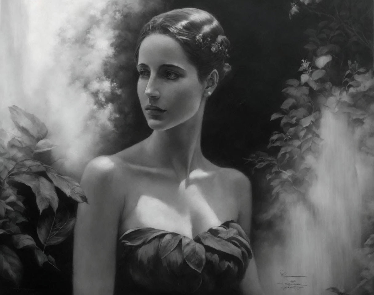 Monochrome painting of woman in leaf-like garment against foliage