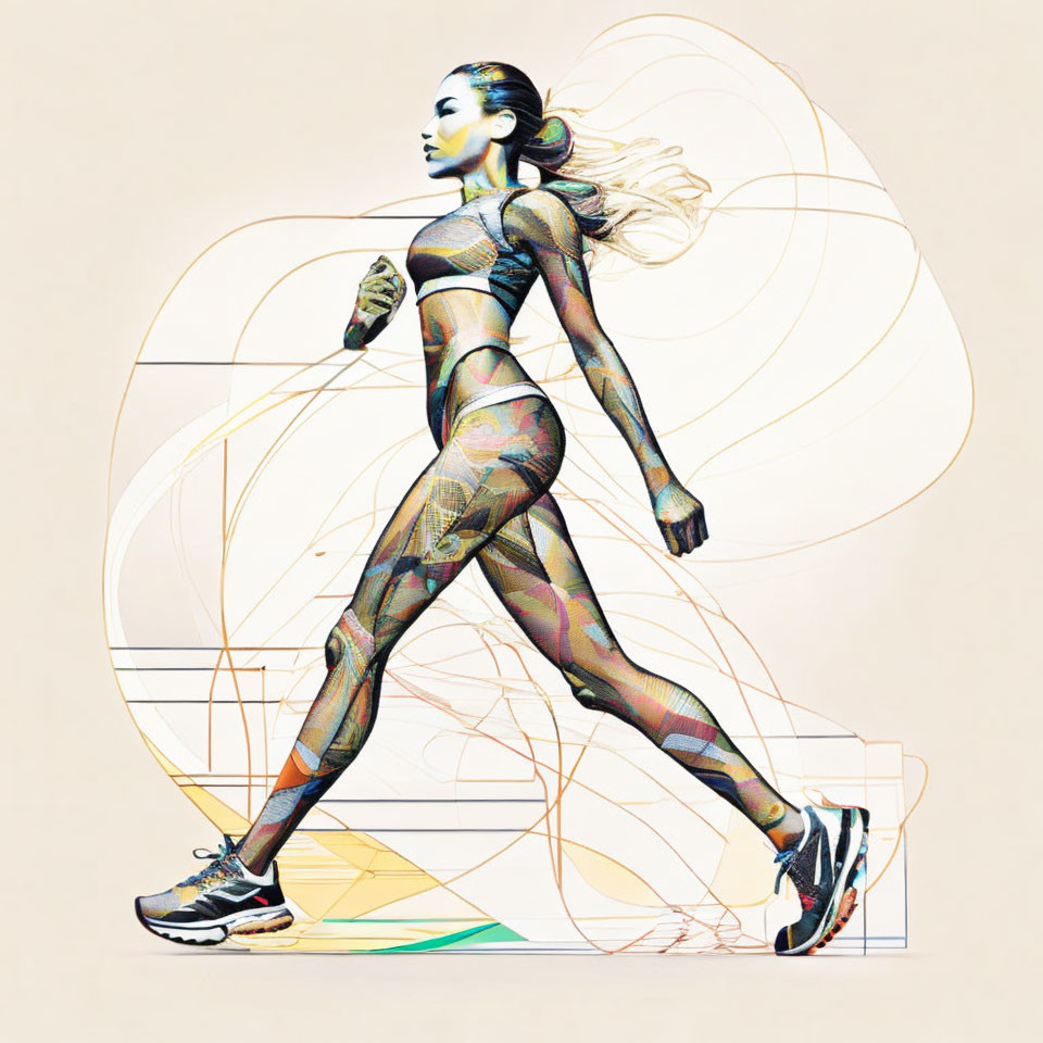 Dynamic geometric shapes depict woman in mid-stride on beige background