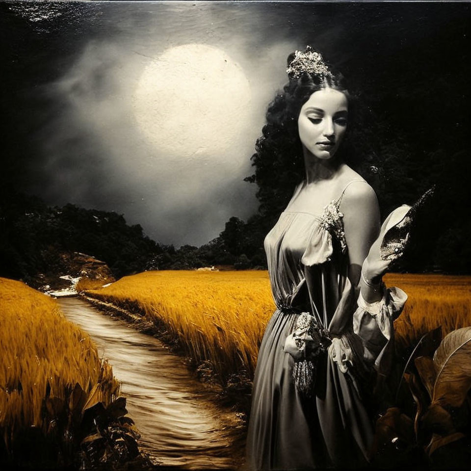 Regal woman in vintage dress with mask in golden field under full moon