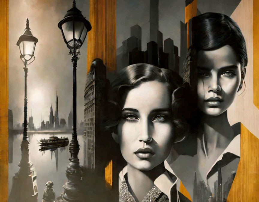 Split Scene Art: Old-timey Streetlamps, Futuristic Cityscape, Women's Portraits