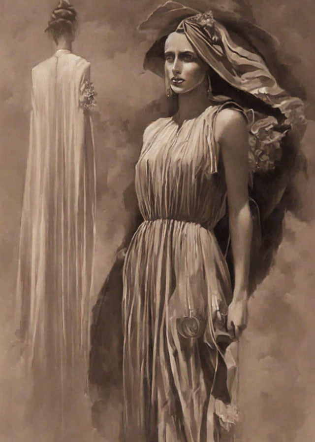 Sepia-toned painting of woman in vintage dress with fan next to mannequin in gown