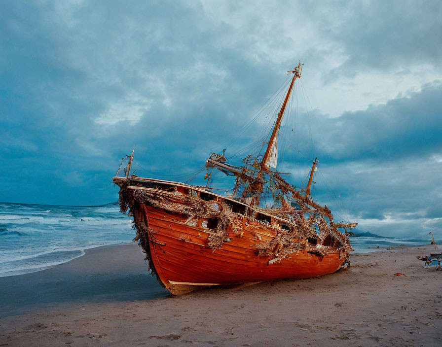 Red Shipwreck Covered in Barnacles on Sandy Beach