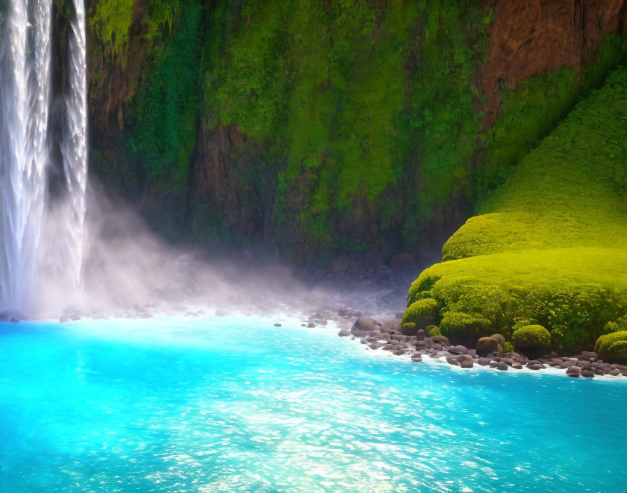 Tranquil Waterfall in Vibrant Turquoise Pool