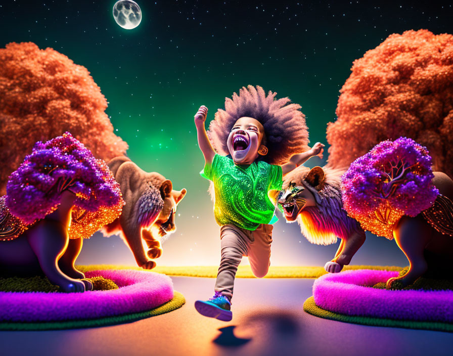 Child Running on Colorful Path with Glowing Lions and Pink Trees