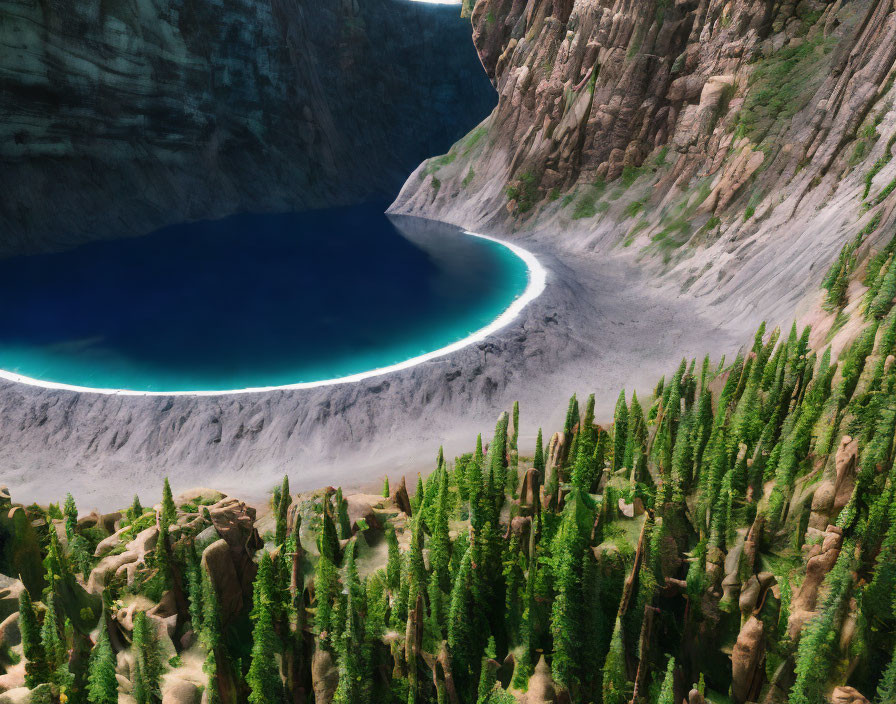 Turquoise Crater Lake Surrounded by Cliffs and Pine Trees