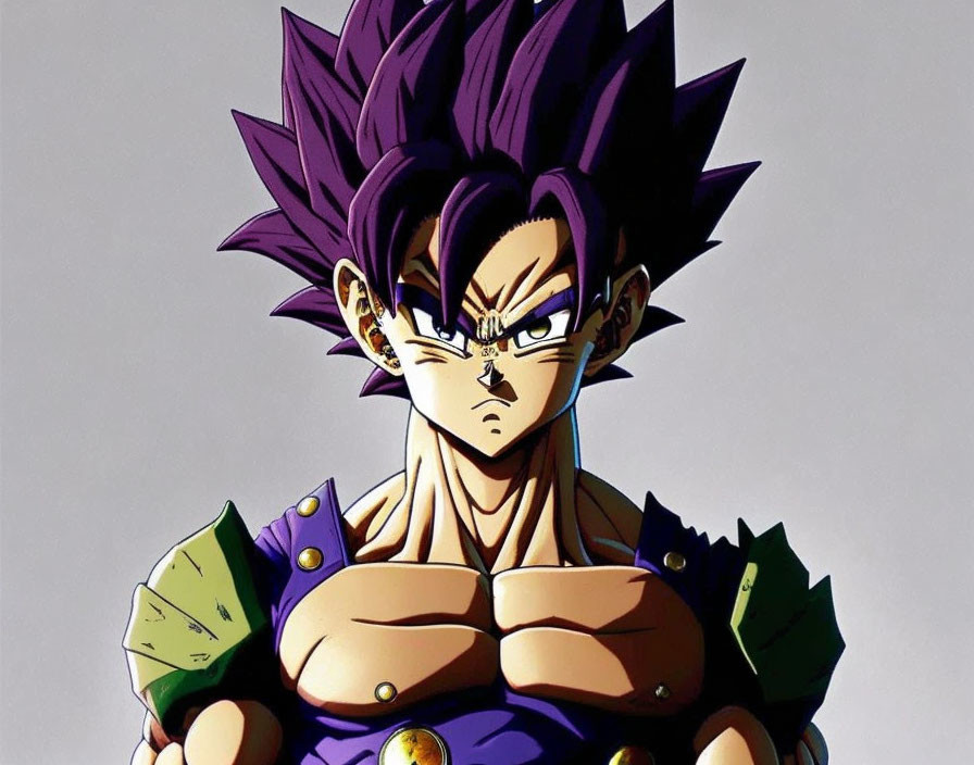 Muscular animated character with purple spiky hair in green and orange outfit