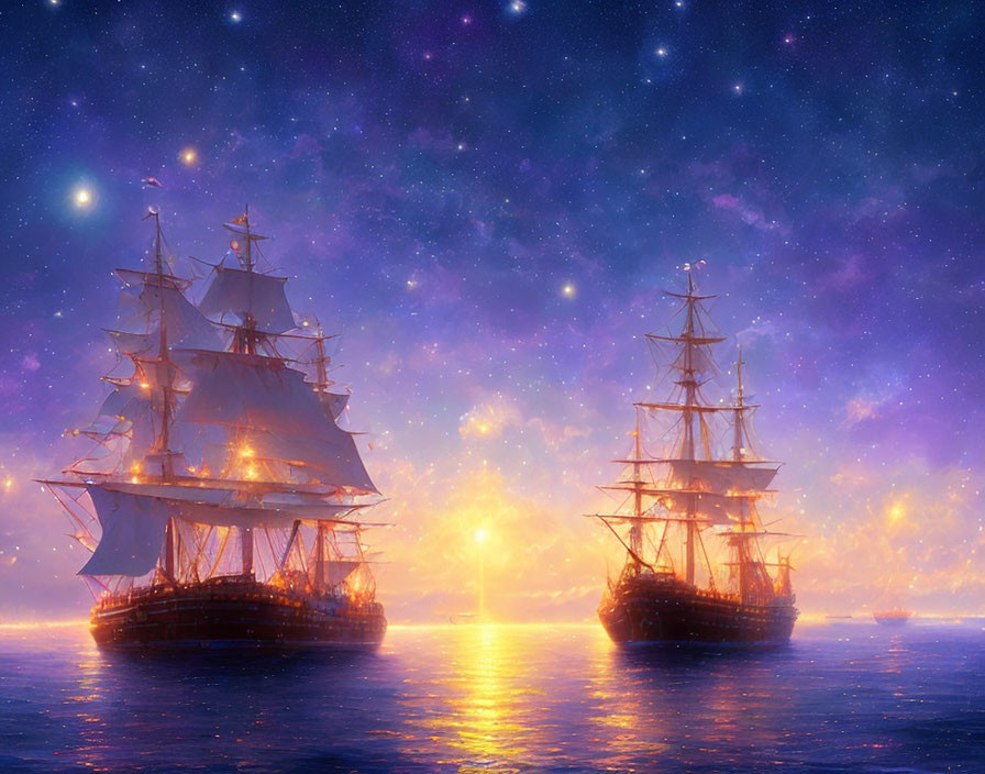 Majestic sailing ships on tranquil ocean at sunset