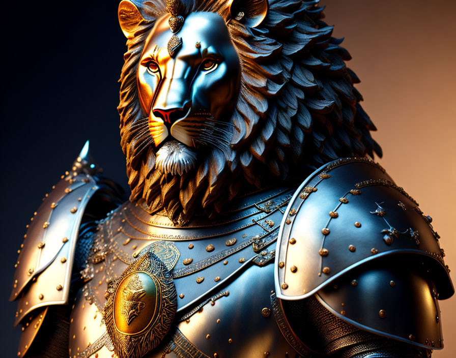 Stylized lion with human-like figure in medieval armor on warm gradient background