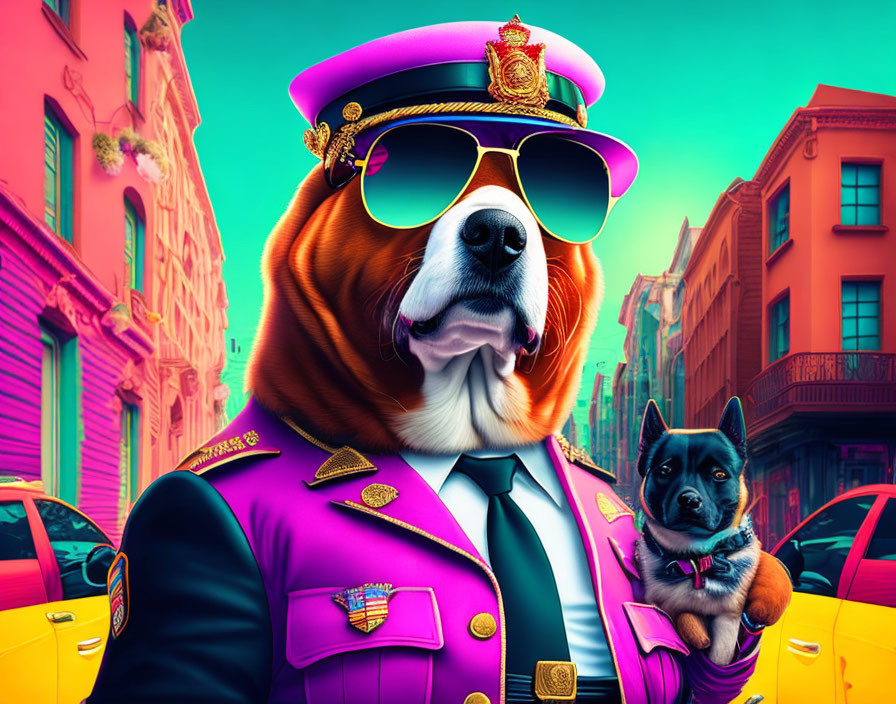 Large dog in police uniform and small dog in bow tie against vibrant city backdrop