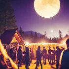 Group of people outside wooden cabin under full moon in forest setting