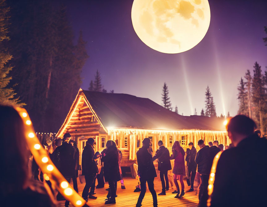 Group of people outside wooden cabin under full moon in forest setting