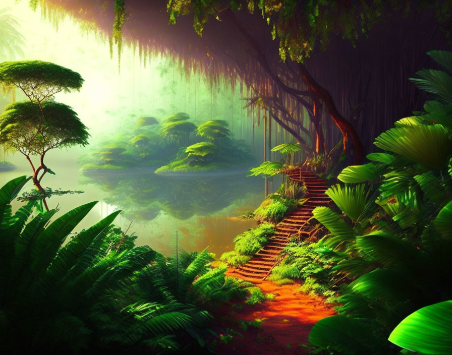 Lush Green Forest with Sunlit Canopy and Reflective Water