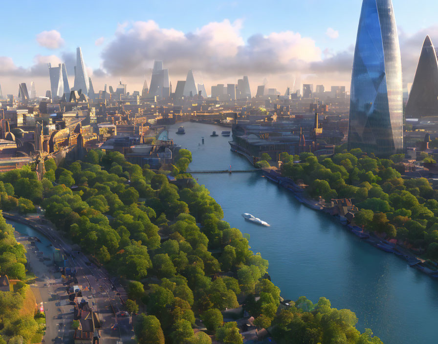 Futuristic cityscape with greenery, river, bridges, and skyscrapers