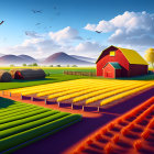 Colorful Farm Scene with Red Barn, Haystack, and Tractor under Clear Sky