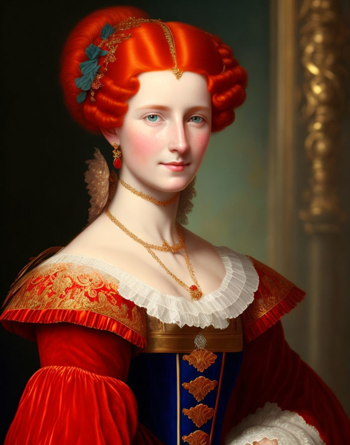 Portrait of a Woman with Red Hair in Period Dress and Blue Accessory