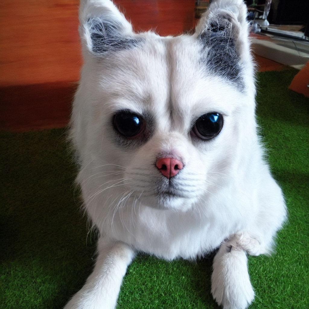 Cream-colored small dog with expressive eyes on green surface