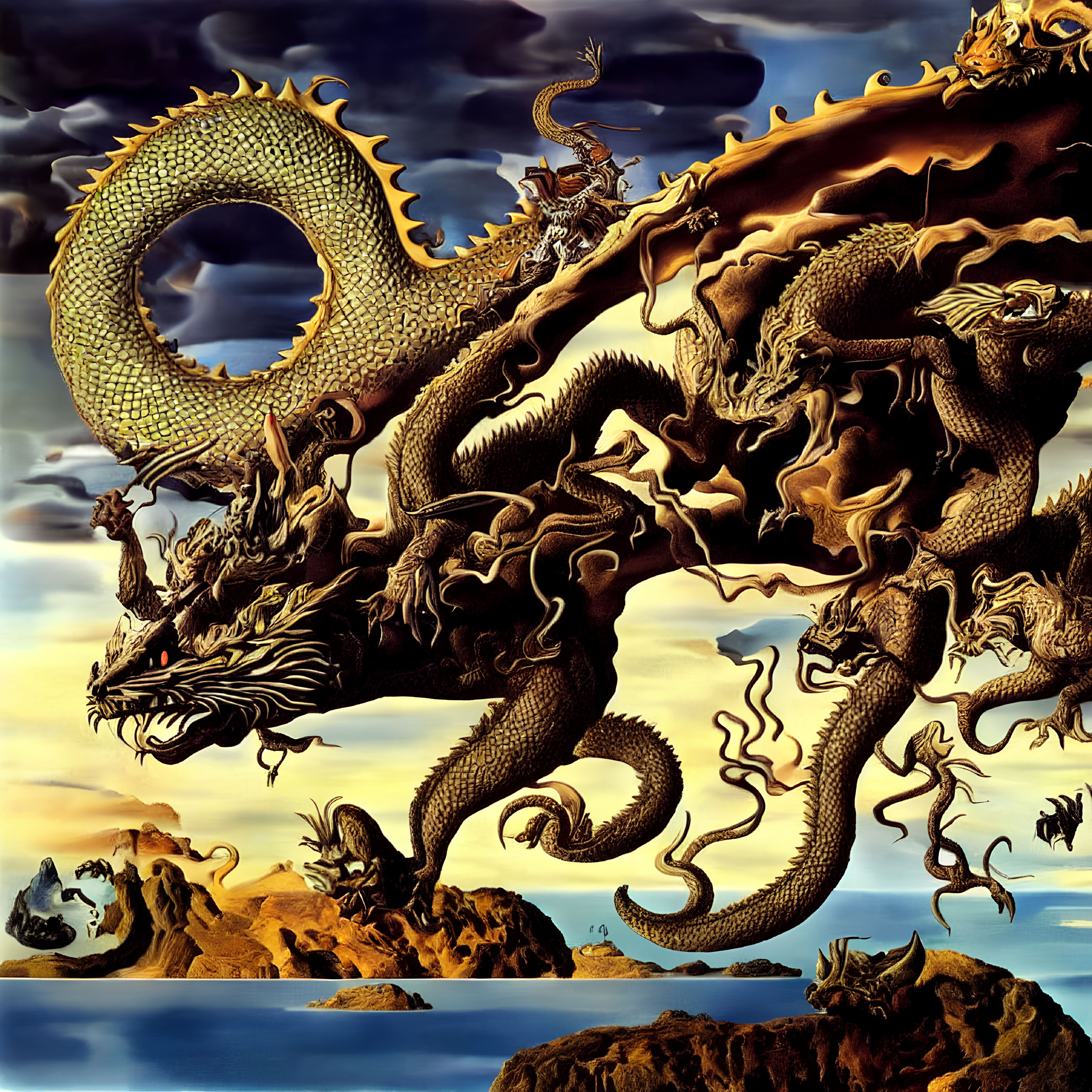 Golden multi-headed dragon in dramatic landscape with rocks and sunset sky