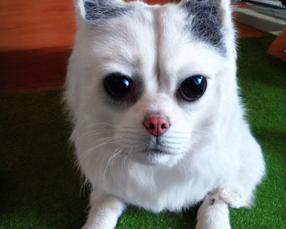 Cream-colored small dog with expressive eyes on green surface