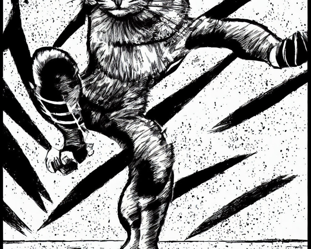 Monochrome illustration of a striped cat in motion