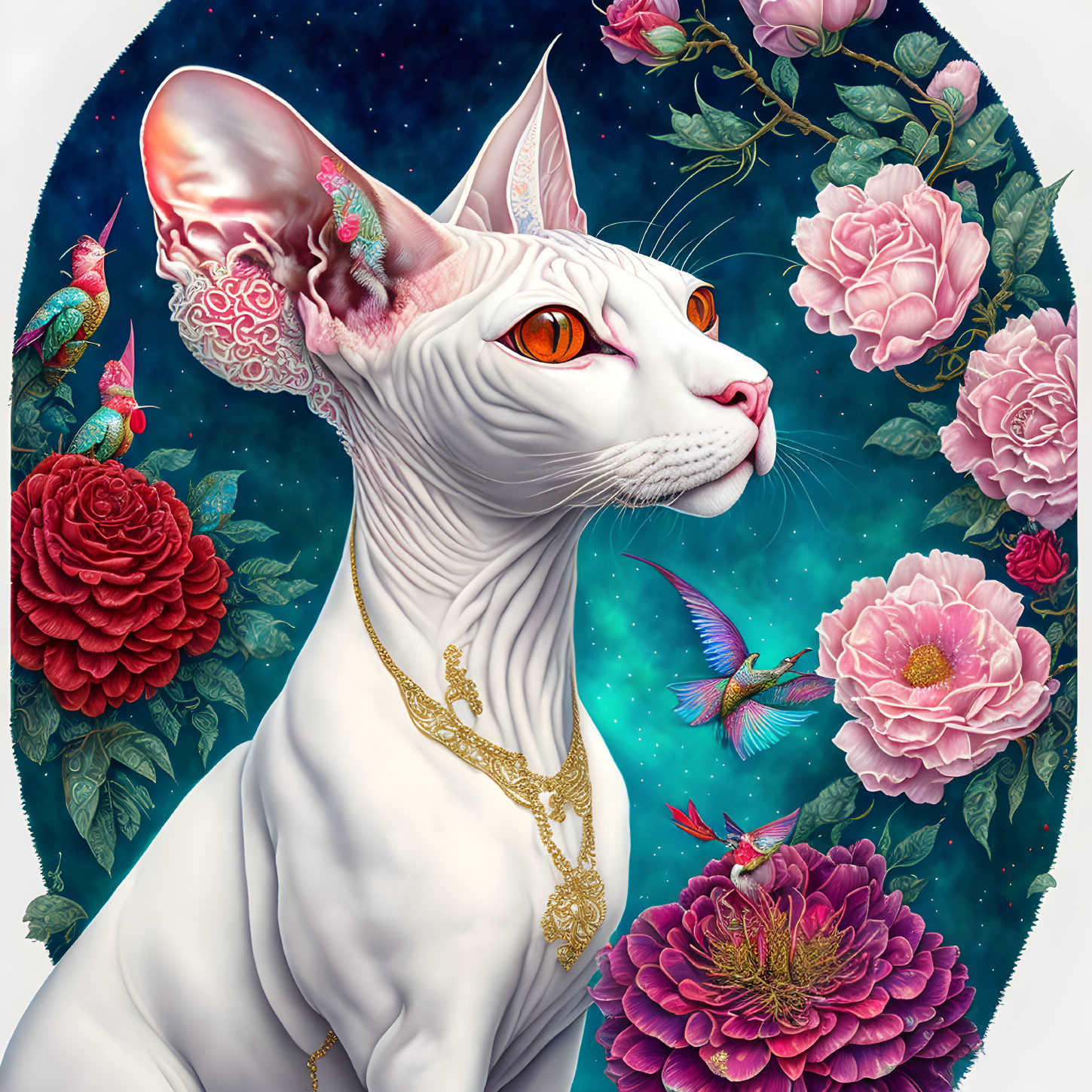 Stylized sphynx cat with orange eyes, gold necklace, roses, hummingbird on blue