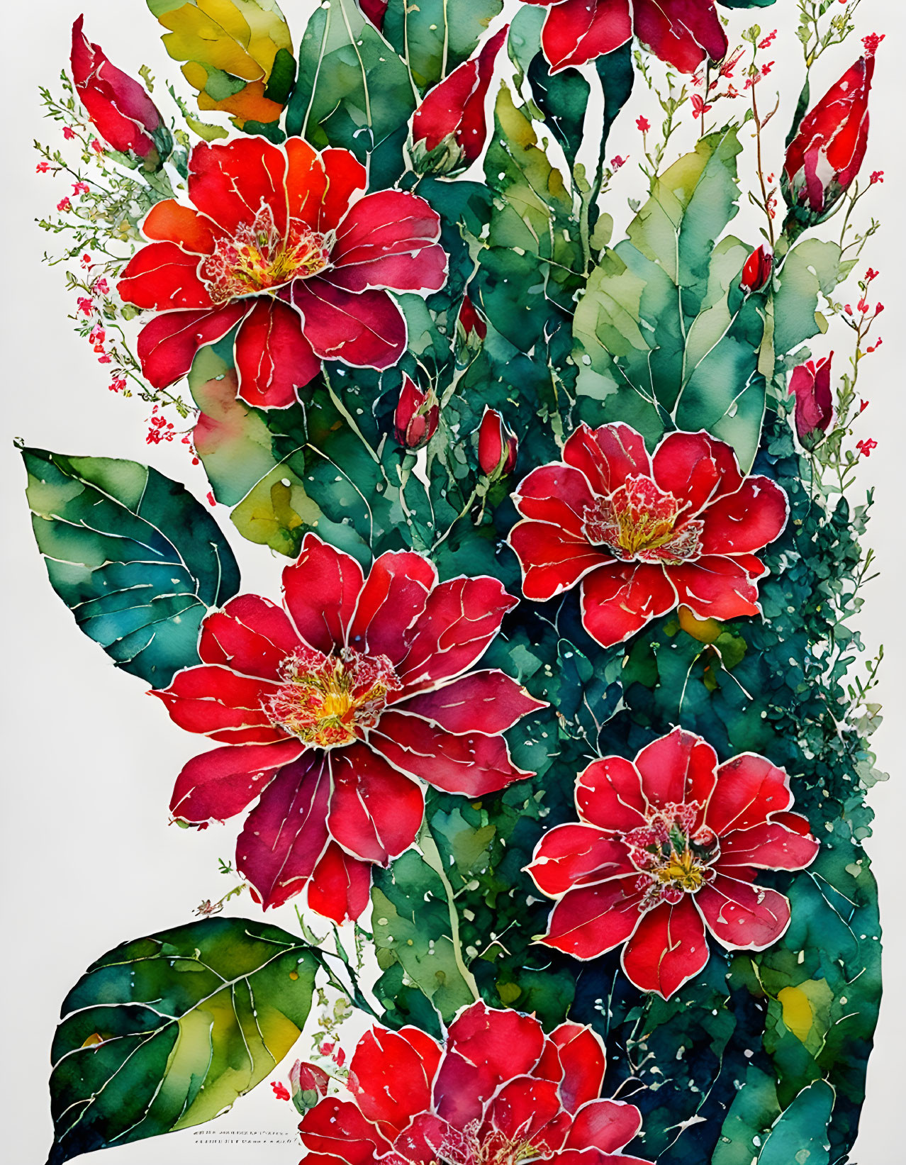 Colorful Watercolor Painting of Red Flowers with Yellow Centers and Green Leaves