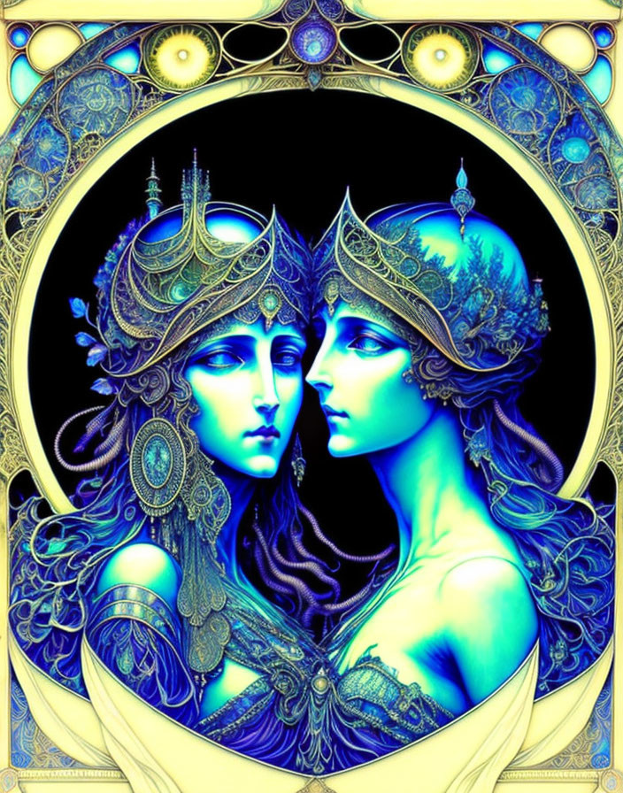 Fantasy-style illustration of mirror-image figures with elaborate headdresses in blue and gold tones