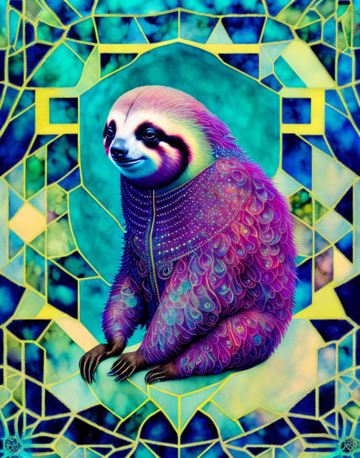 Colorful Sloth with Intricate Patterns on Geometric Background