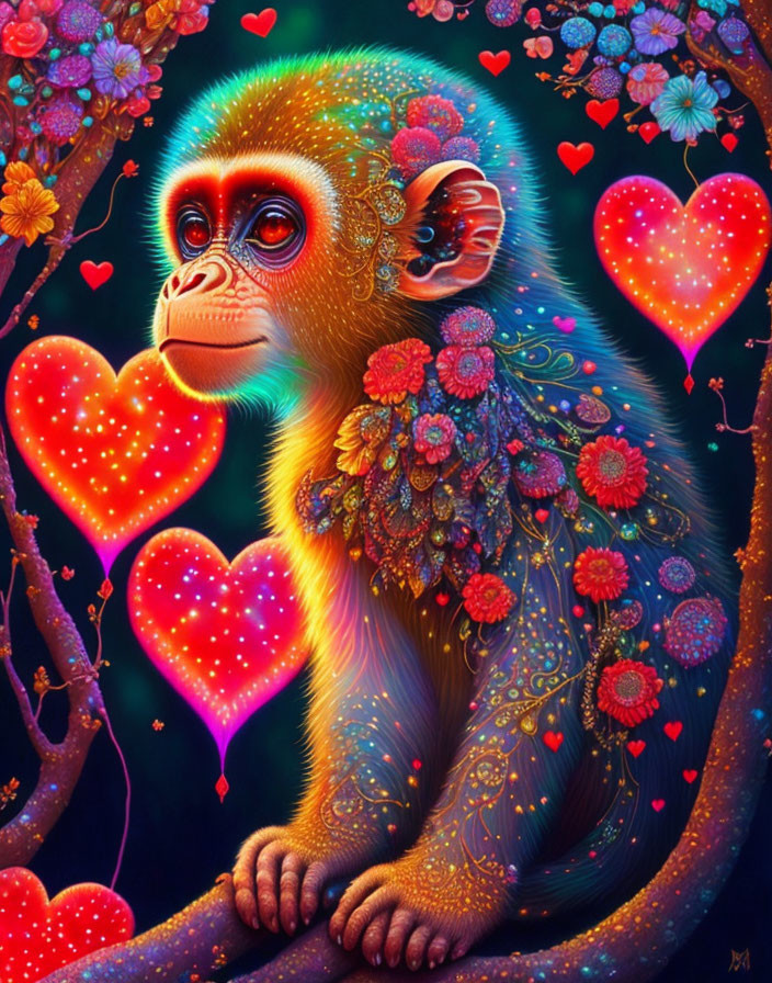 Colorful Monkey Artwork with Heart Balloons and Flowers on Dark Background