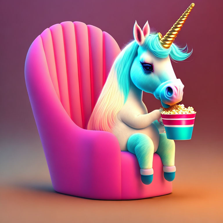 Vibrant 3D illustration: unicorn on pink shell chair with popcorn