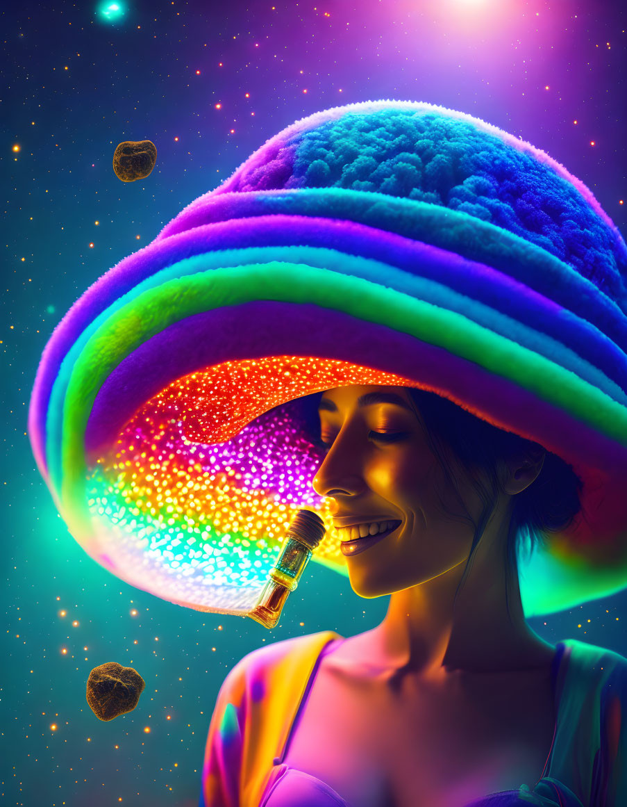 Woman in galaxy-themed hat holding glowing vial amidst cosmic backdrop