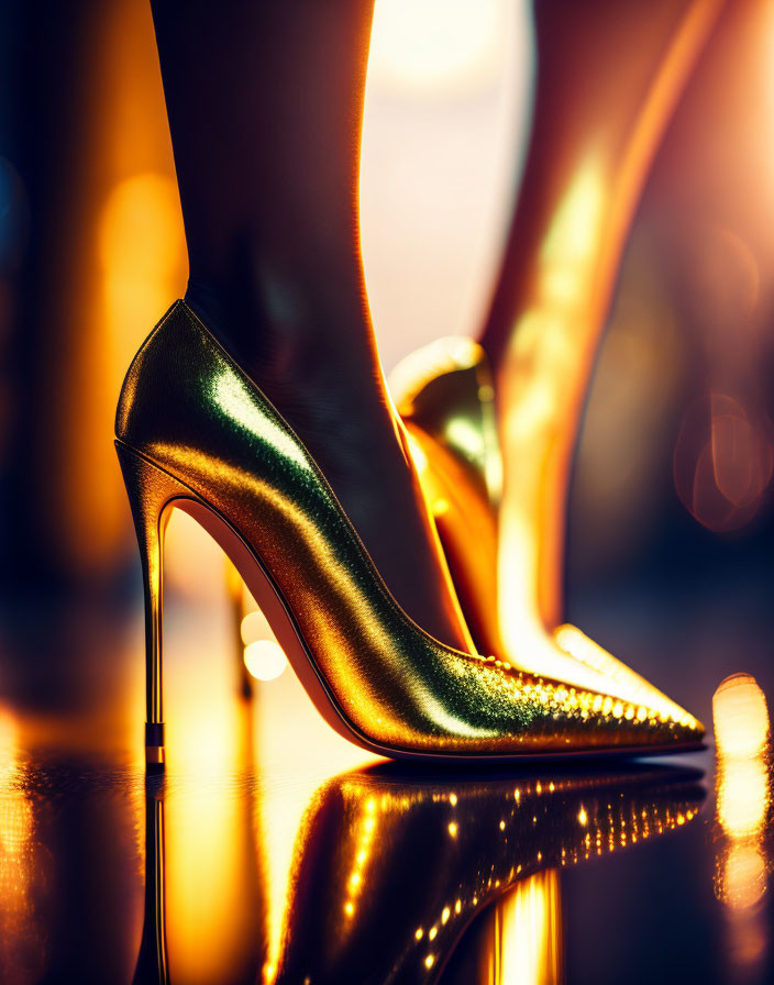 Shiny high heels on reflective surface under warm ambient light