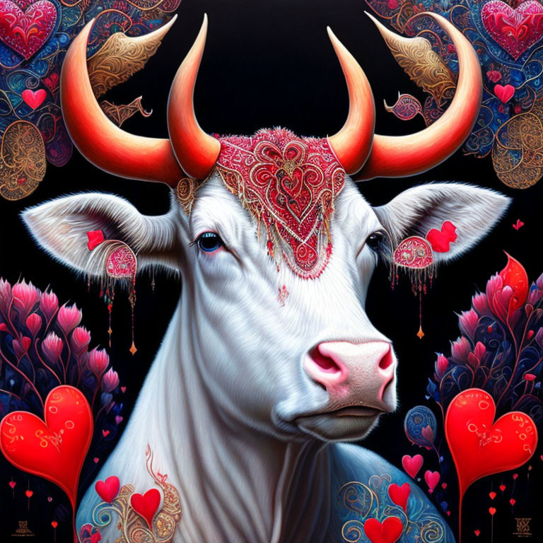 Stylized white bull with colorful hearts and floral patterns