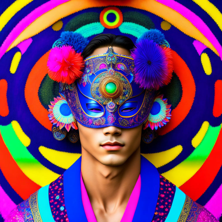 Colorful Attire and Vibrant Mask on Psychedelic Background